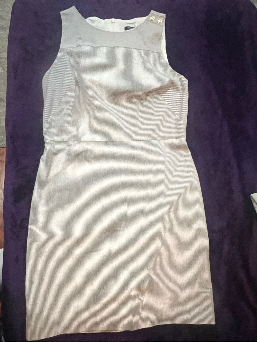 Banana Republic Sleeveless Pinstripe Sheath Dress in Light Gray. M5